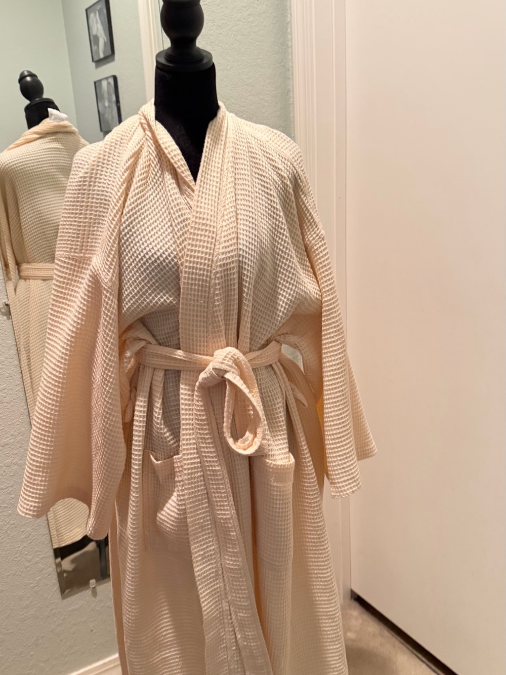 Women's Cream Waffle-Knit Robe with Tie Belt
